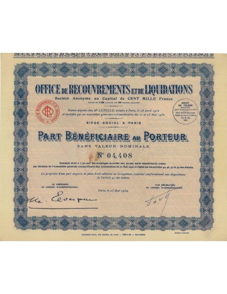 OFFICE DE RECOUVREMENTS ET DE LIQUIDATIONS - 1 AZIONE - 1934