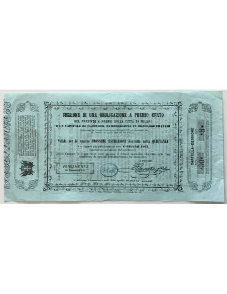 PRESTITO A PREMII CITTA' DI MILANO CESSIONE 1 OBB. A PREMIO VARIANTE 2 - MILANO - 1865