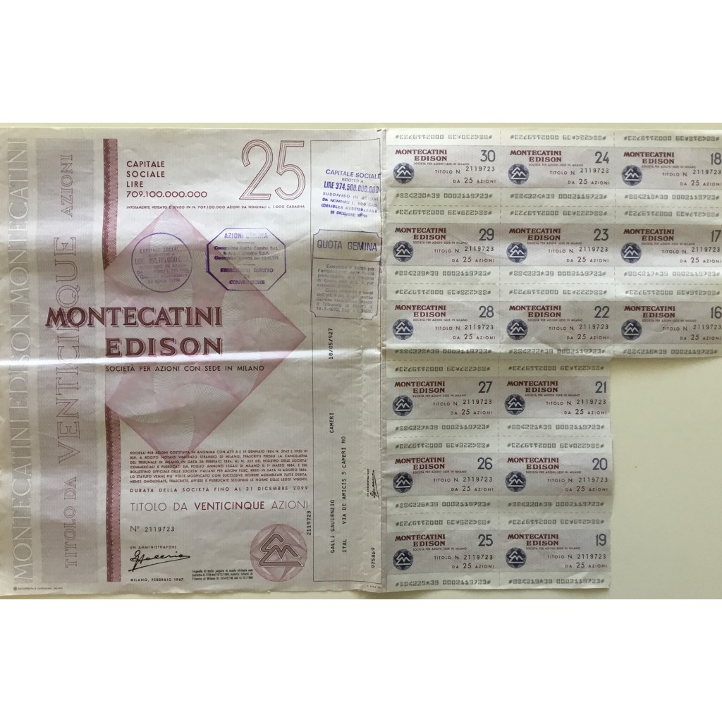 1967 - MONTECATINI EDISON - 25 AZIONI - MILANO