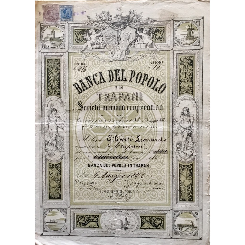 1892 - BANCA DEL POPOLO IN TRAPANI Disegno di  A. TERZI