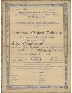 COOPERATIVA AGRICOLA E DI CONSUMO - CERTIFICATO DI UNA AZIONI POMARETTO 1920