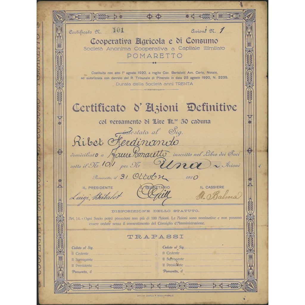COOPERATIVA AGRICOLA E DI CONSUMO - CERTIFICATO DI UNA AZIONI POMARETTO 1920