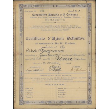 COOPERATIVA AGRICOLA E DI CONSUMO - CERTIFICATO DI UNA AZIONI POMARETTO 1920