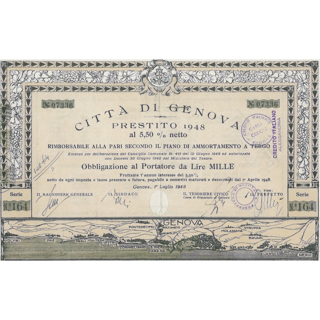 CITTA DI GENOVA - 1 OBBLIGAZ. GENOVA 1948