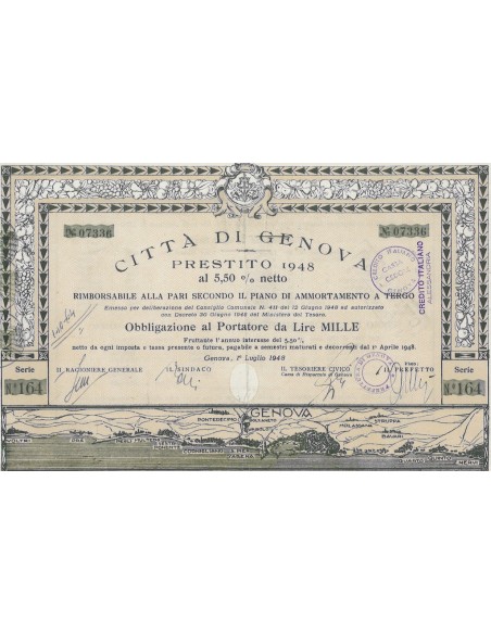CITTA DI GENOVA - 1 OBBLIGAZ. GENOVA 1948