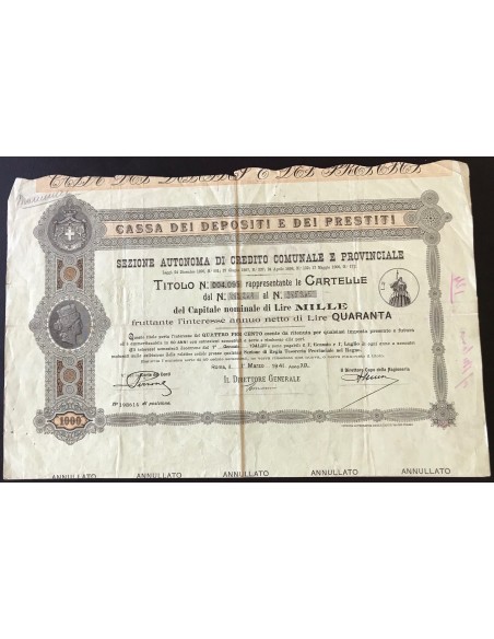 CASSA DEI DEPOSITI E DEI PRESTITI CITTA' DI ROMA - TITOLO LIRE 1000 - 1941