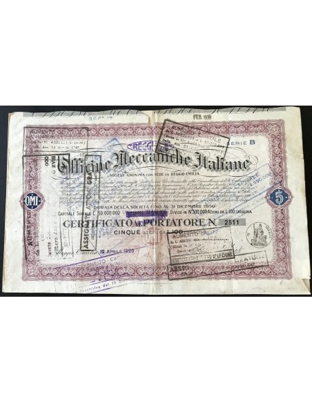 "REGGIANE" OFFICINE MECCANICHE ITALIANE  - 5 AZIONI REGGIO EMILIA 1926