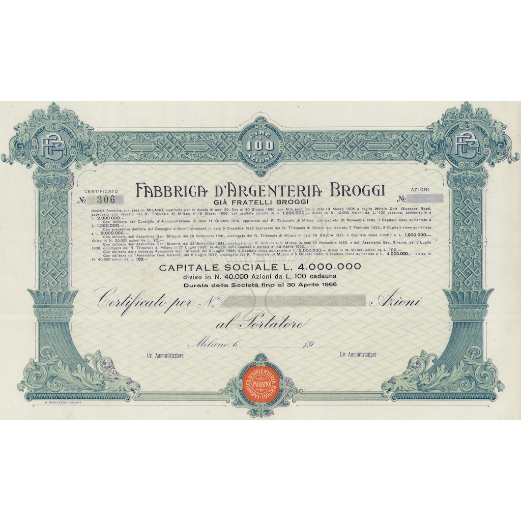 FABBRICA D`ARGENTERIA BROGGI - CERT. DI AZIONI MILANO 1966