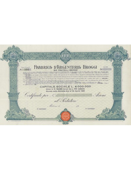 FABBRICA D`ARGENTERIA BROGGI - CERT. DI AZIONI MILANO 1966