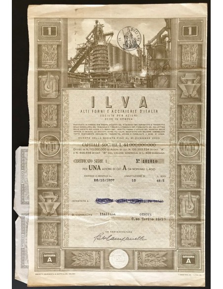 1957 - ILVA ALTI FORNI E ACCIAIERIE D`ITALIA - 1 AZIONE GENOVA