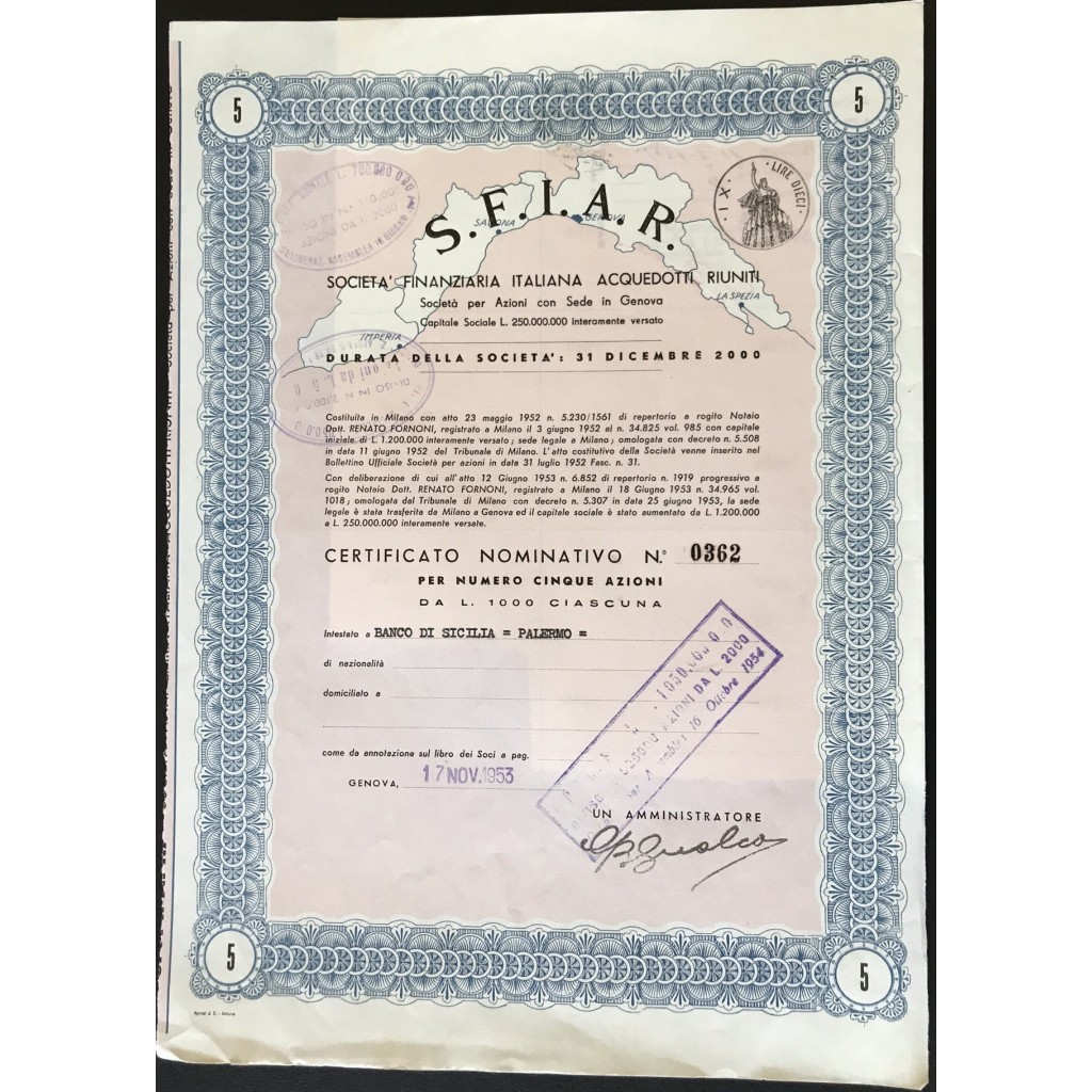 S.F.I.A.R. - 5 AZIONI DA 1000 LIRE - GENOVA 1953
