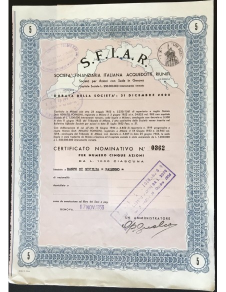 S.F.I.A.R. - 5 AZIONI DA 1000 LIRE - GENOVA 1953