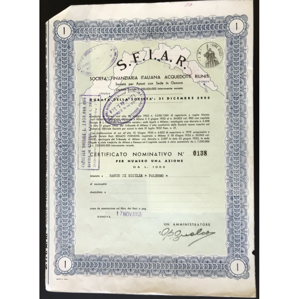 S.F.I.A.R. - 1 AZIONE DA 1000 LIRE - GENOVA 1953