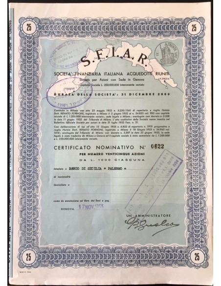 S.F.I.A.R. - 25 AZIONI DA 1000 LIRE - GENOVA 1953