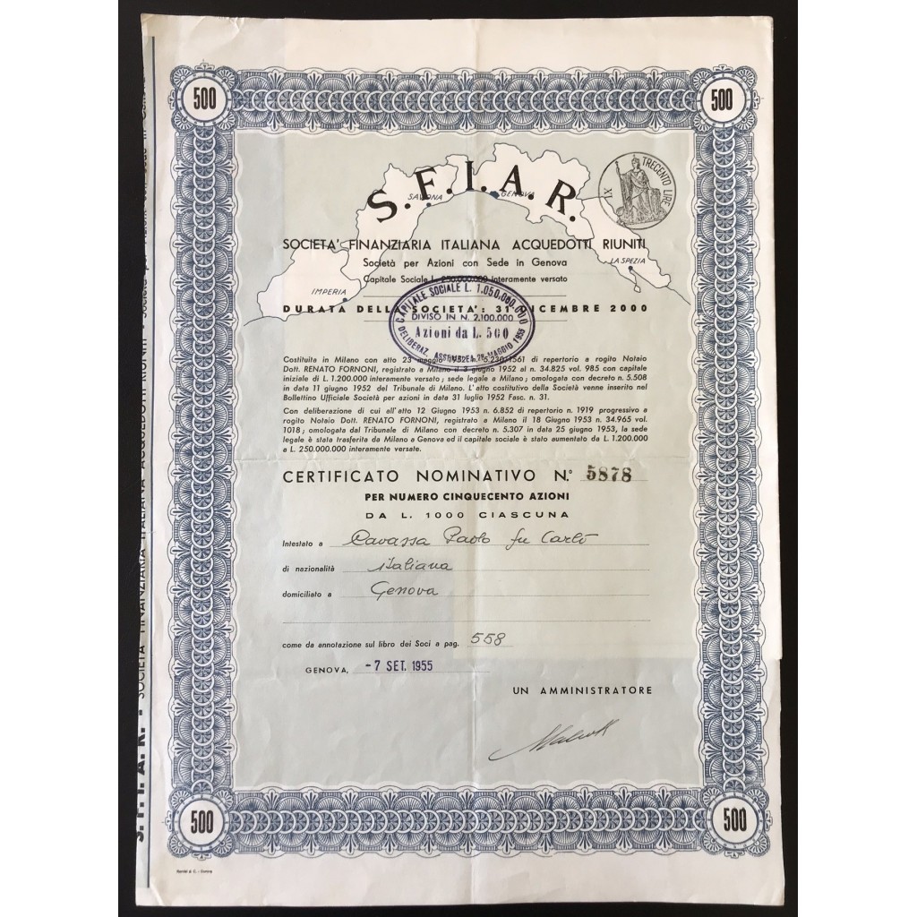 S.F.I.A.R. - 500 AZIONI DA 1000 LIRE - GENOVA 1955