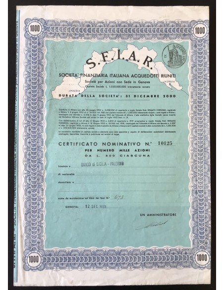 S.F.I.A.R. - 1000 AZIONI DA 500 LIRE - GENOVA 1955