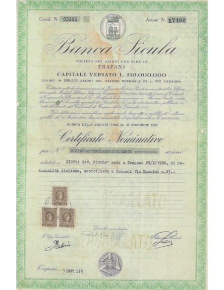 BANCA SICULA AZIONI TRAPANI 1970