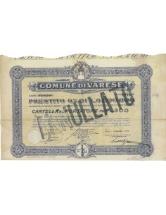 COMUNE DI VARESE - CARTELLA AL PORTATORE LIRE 500 VARESE 1926