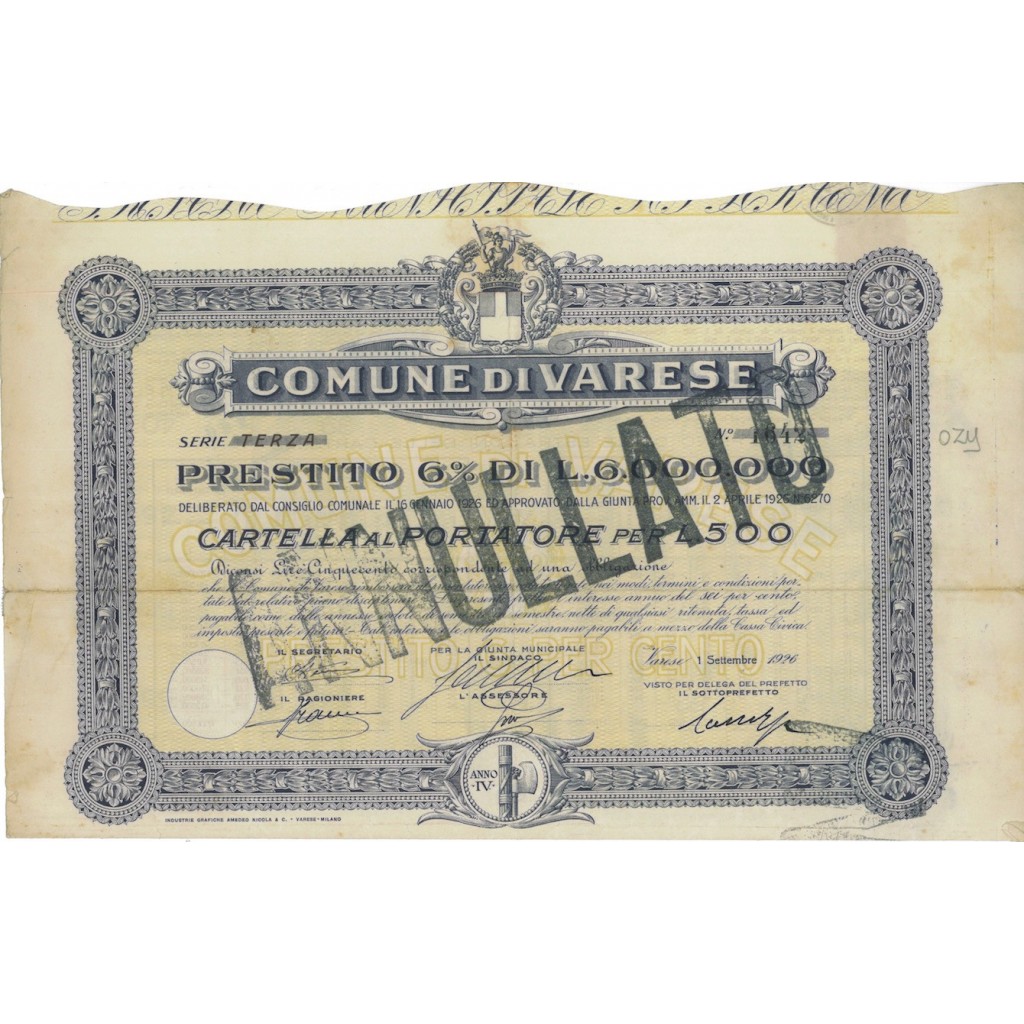 COMUNE DI VARESE - CARTELLA AL PORTATORE LIRE 500 VARESE 1926