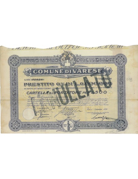 COMUNE DI VARESE - CARTELLA AL PORTATORE LIRE 500 VARESE 1926