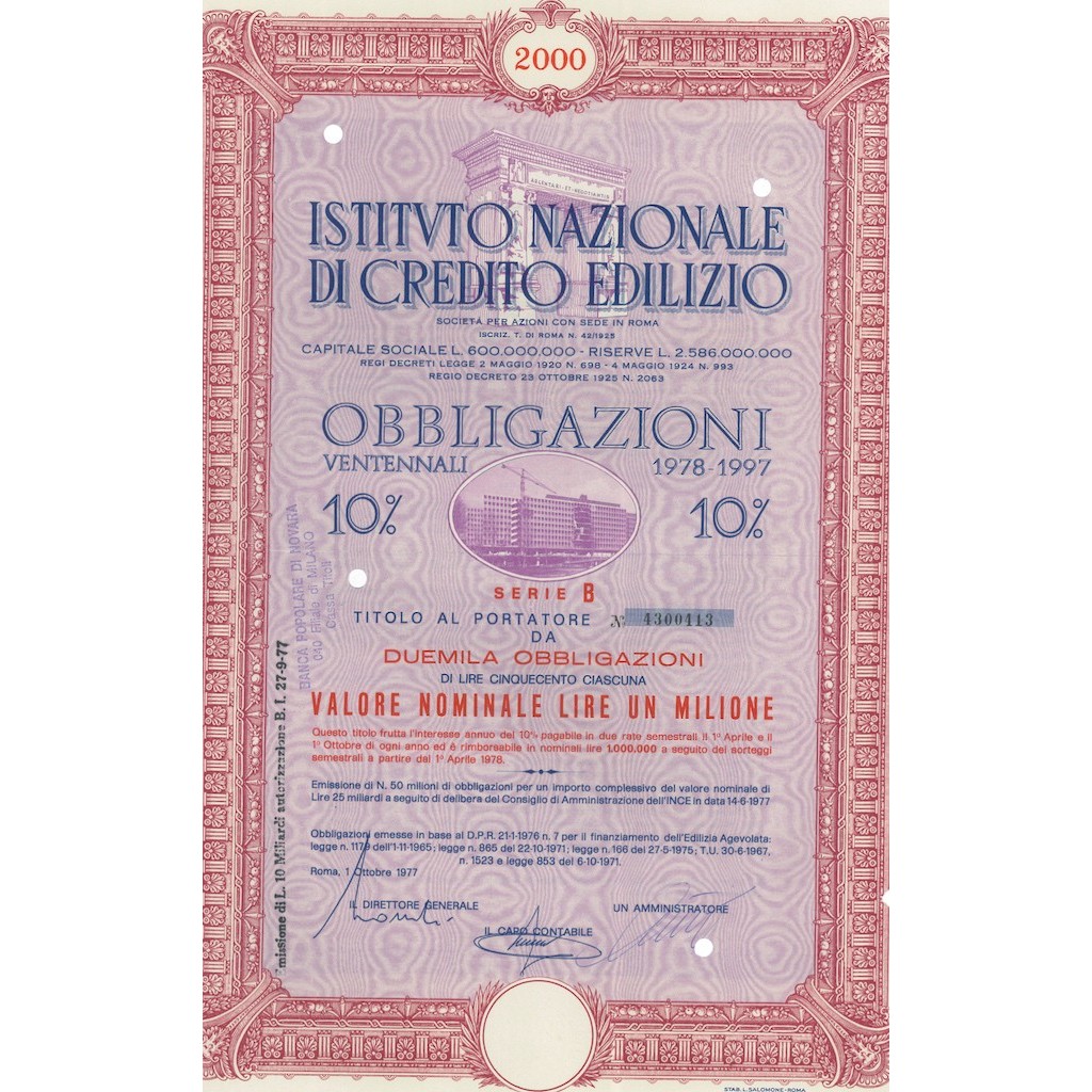 ISTITVTO NAZIONALE DI CREDITO EDILIZIO - 2000 OBBLIGAZIONI ROMA 1977