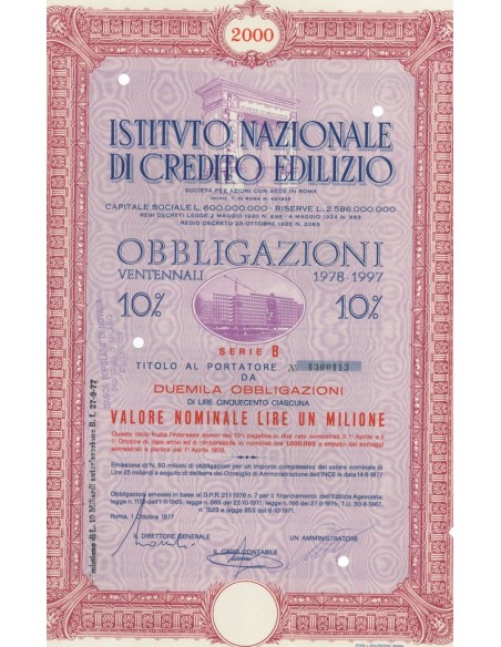 ISTITVTO NAZIONALE DI CREDITO EDILIZIO - 2000 OBBLIGAZIONI ROMA 1977