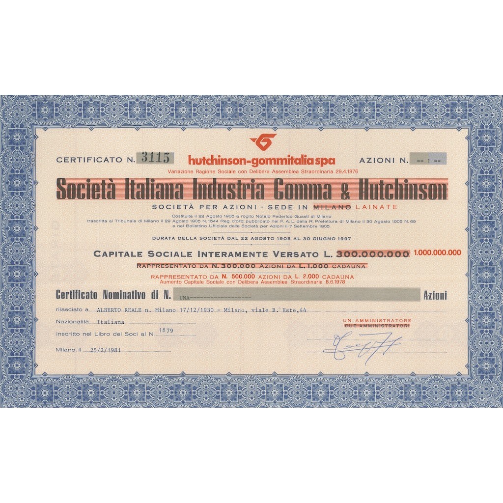 SOCIETA' ITALIANA INDUSTRIA GOMMA & HUTCHINSON - 1 AZIONE MILANO 1981