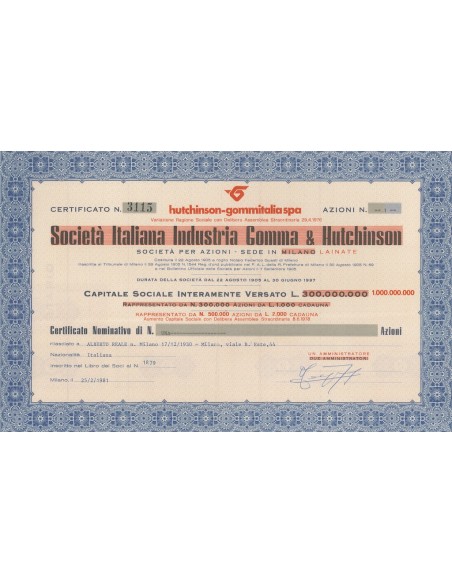 SOCIETA' ITALIANA INDUSTRIA GOMMA & HUTCHINSON - 1 AZIONE MILANO 1981