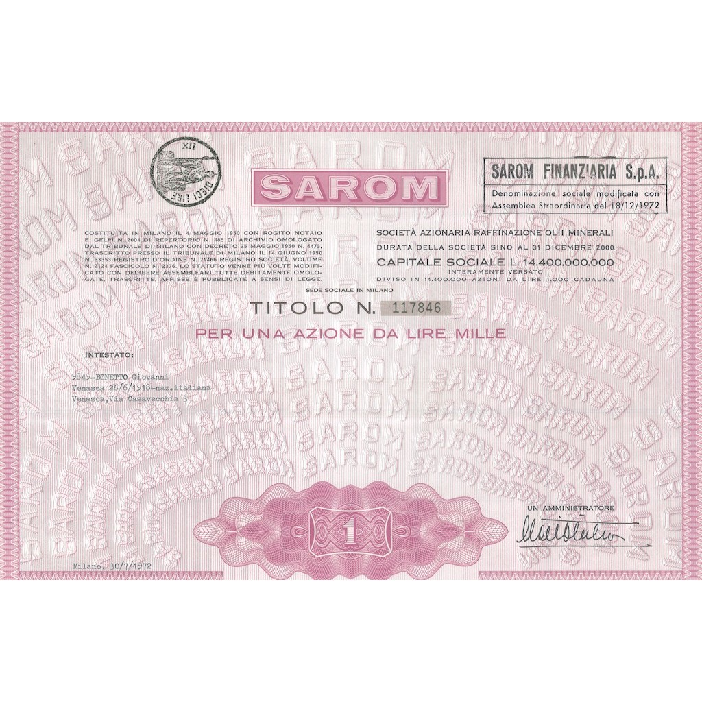 SAROM - 1 AZIONE DI LIRE 1000 VENASCA 1972