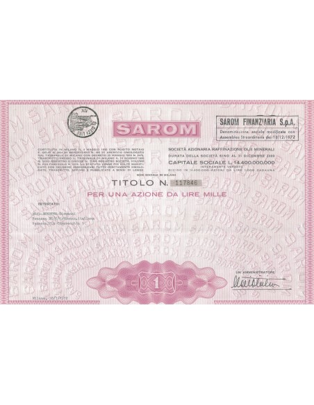 SAROM - 1 AZIONE DI LIRE 1000 VENASCA 1972