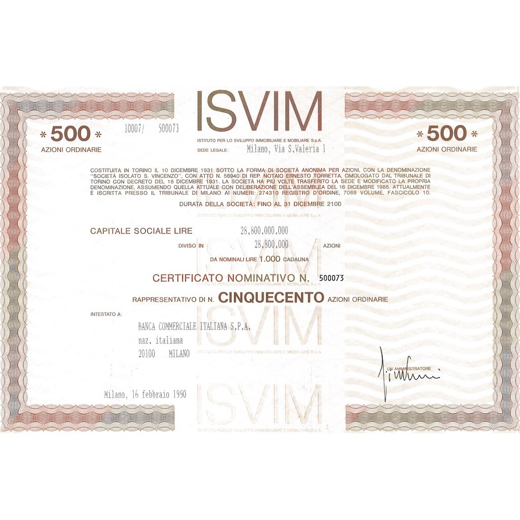 ISVIM - 500 AZIONI ORDINARIE MILANO 1990