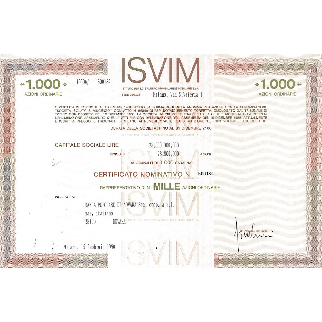 ISVIM - 1000 AZIONI ORDINARIE MILANO 1990