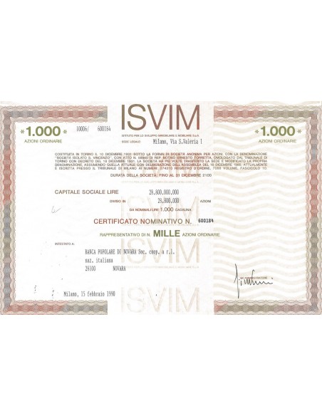 ISVIM - 1000 AZIONI ORDINARIE MILANO 1990