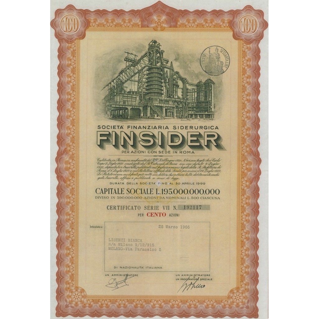 SOCIETA FINANZIARIA SIDERURGICA FINSIDER - 100 AZIONI ROMA 1966
