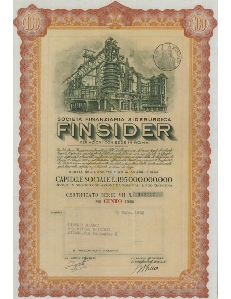 SOCIETA FINANZIARIA SIDERURGICA FINSIDER - 100 AZIONI ROMA 1966