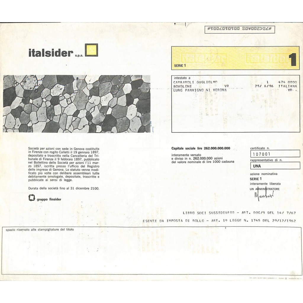 ITALSIDER - 1 AZIONE ROMA 1985