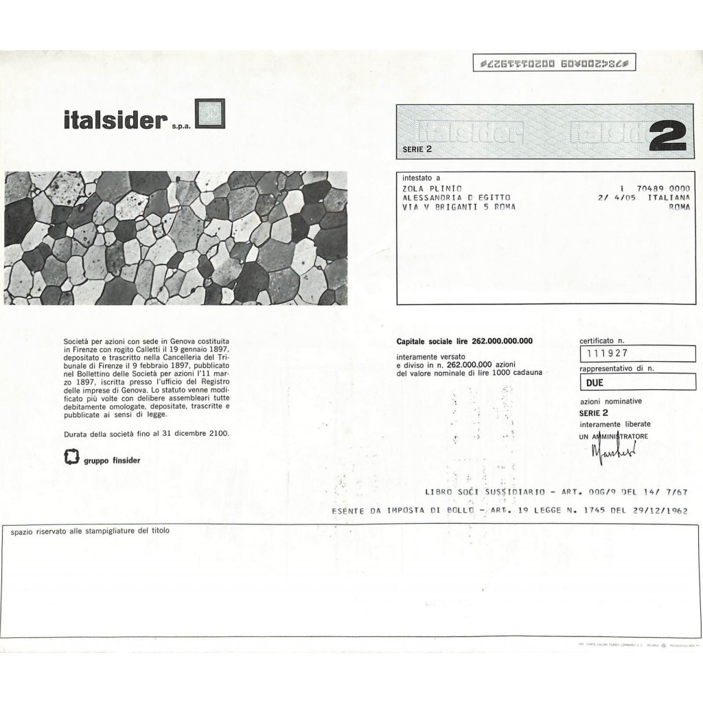 ITALSIDER - 2 AZIONI GENOVA 1897