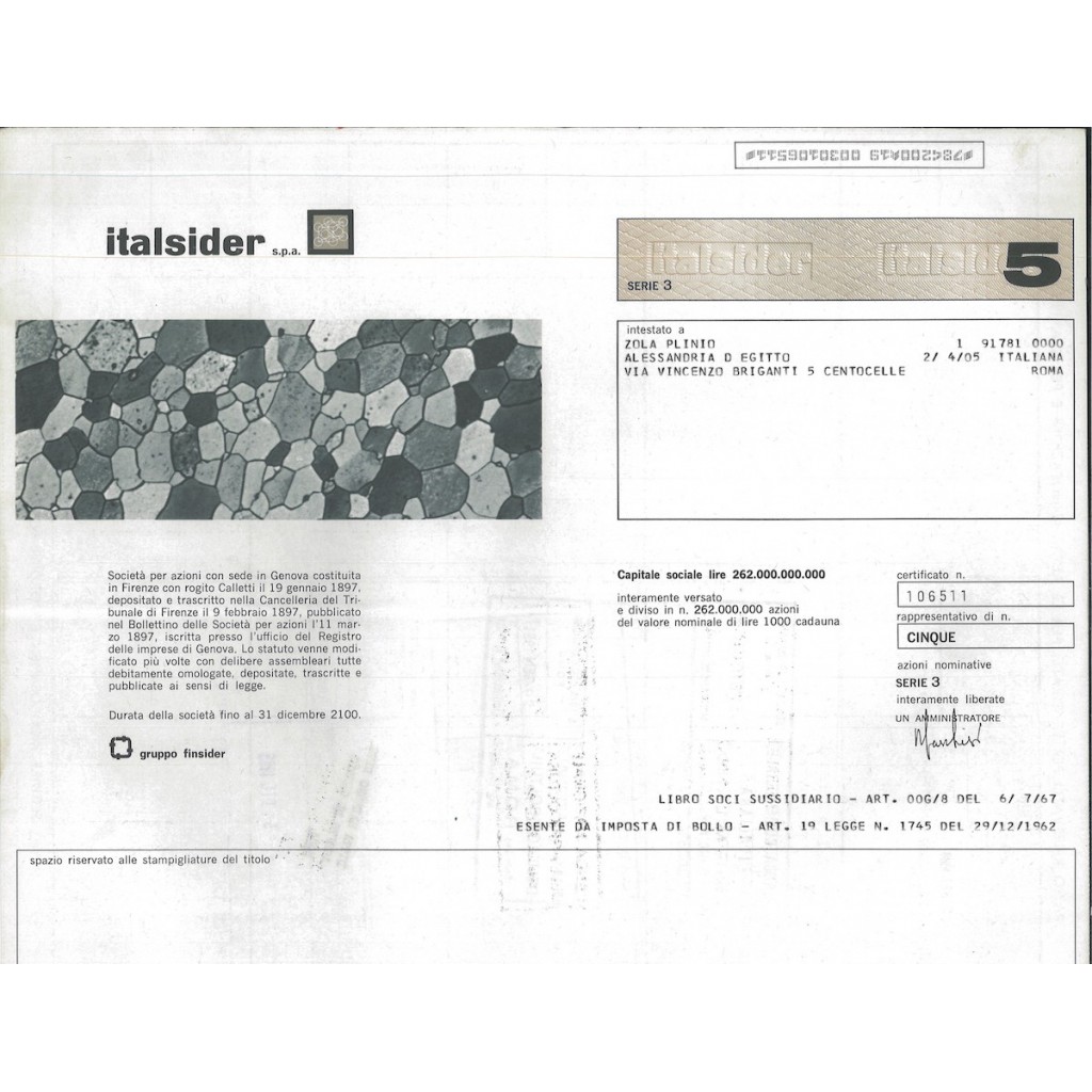 ITALSIDER - 5 AZIONI GENOVA 1980