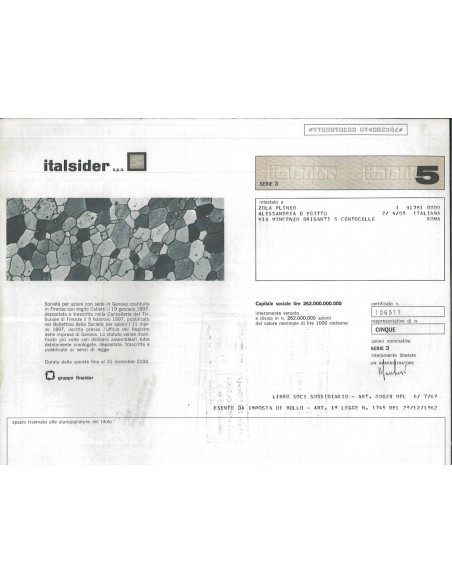 ITALSIDER - 5 AZIONI GENOVA 1980