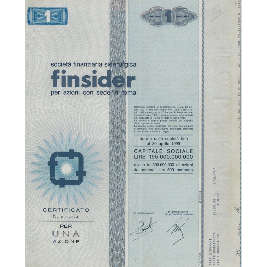 FINSIDER - CAP. SOC. 195.000.000.000 - 1 AZIONE ROMA 1968