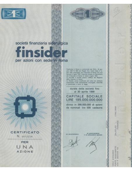 FINSIDER - CAP. SOC. 195.000.000.000 - 1 AZIONE ROMA 1968