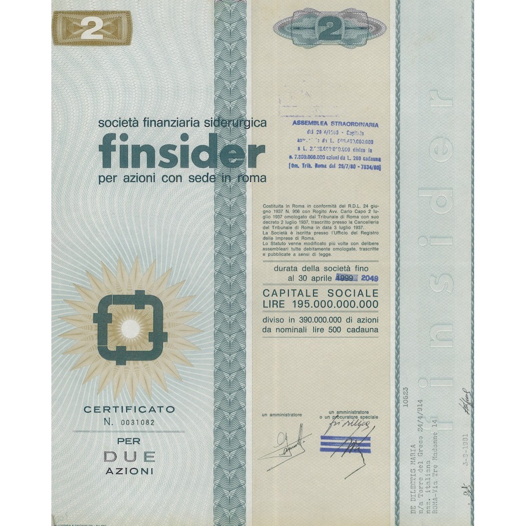 FINSIDER - CAP. SOC. 195.000.000.000 - 2 AZIONI ROMA 1981