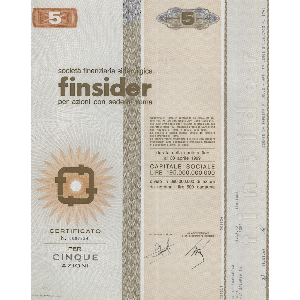 FINSIDER - CAP. SOC. 195.000.000.000 - 5 AZIONI ROMA 1982