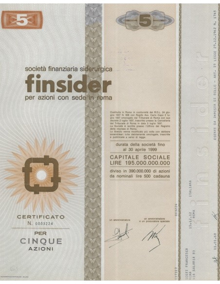 FINSIDER - CAP. SOC. 195.000.000.000 - 5 AZIONI ROMA 1982