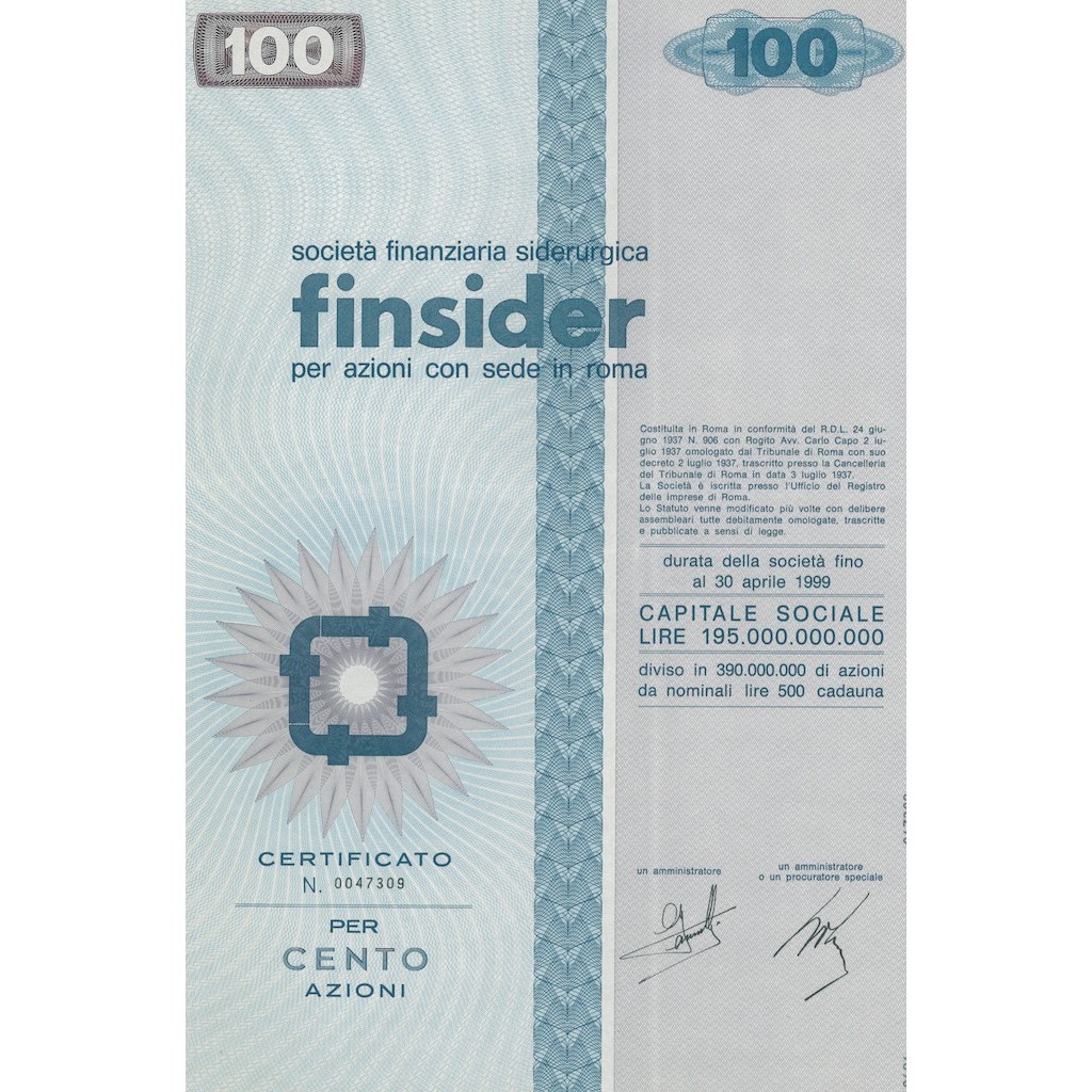 FINSIDER - CAP.SOC. 195.000.000.000 - 100 AZIONI ROMA 1968