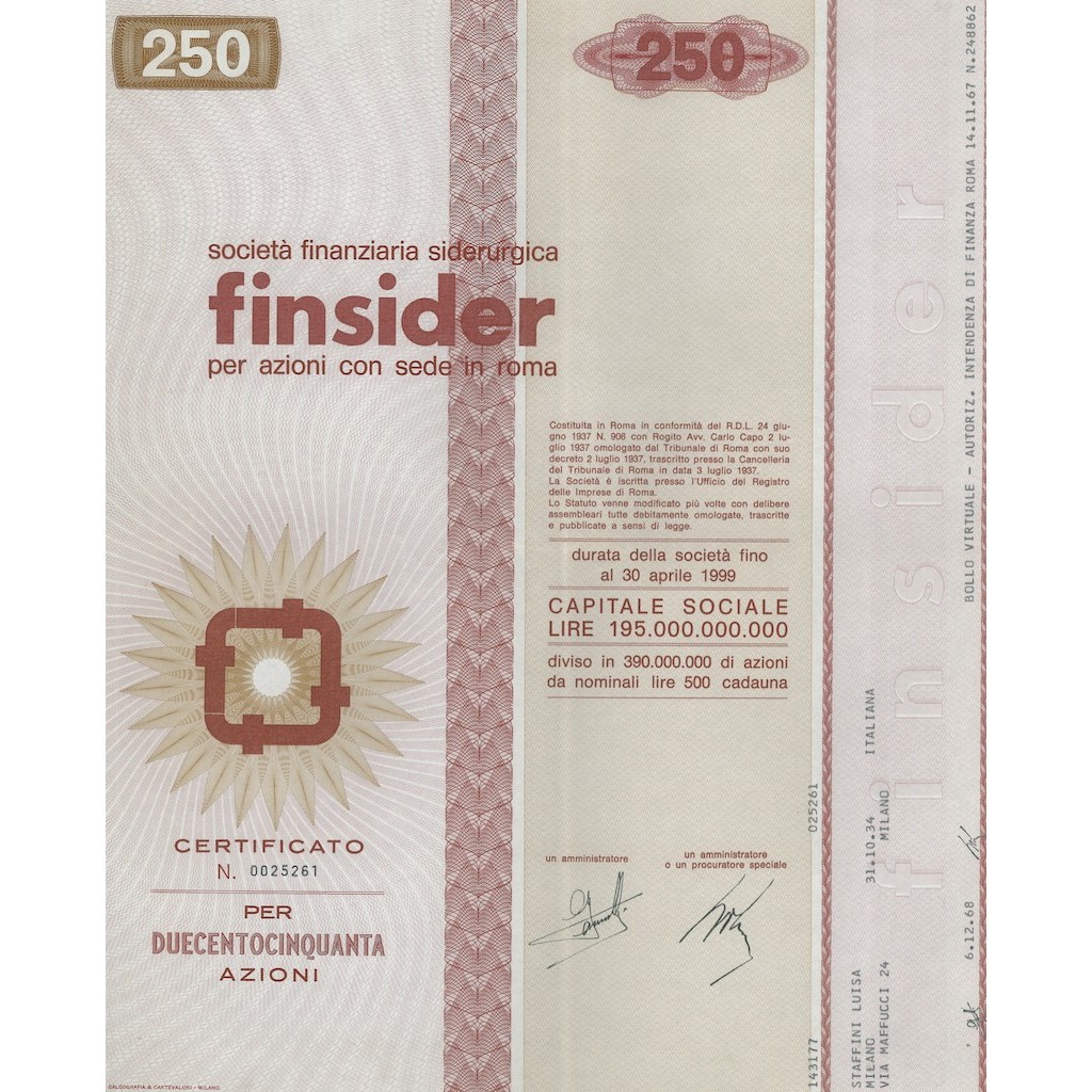 FINSIDER - CAP. SOC. 195.000.000.000 - 250 AZIONI ROMA 1968