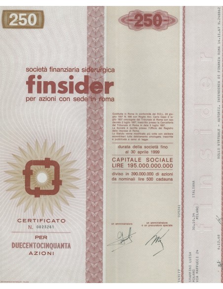 FINSIDER - CAP. SOC. 195.000.000.000 - 250 AZIONI ROMA 1968