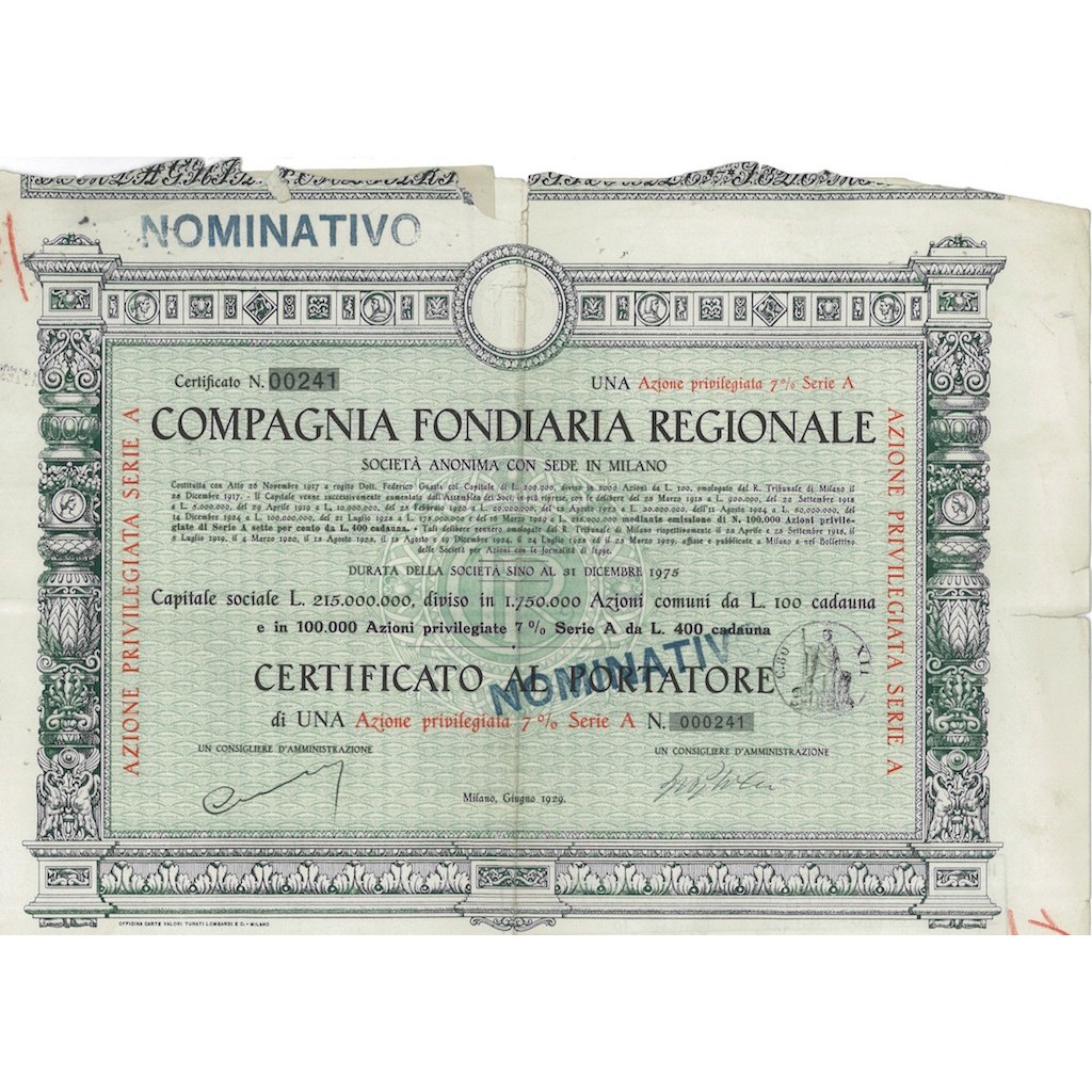 COMPAGNIA FONDIARIA REGIONALE UNA AZIONE MILANO 1929