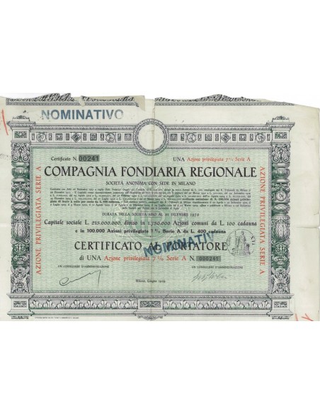 COMPAGNIA FONDIARIA REGIONALE UNA AZIONE MILANO 1929