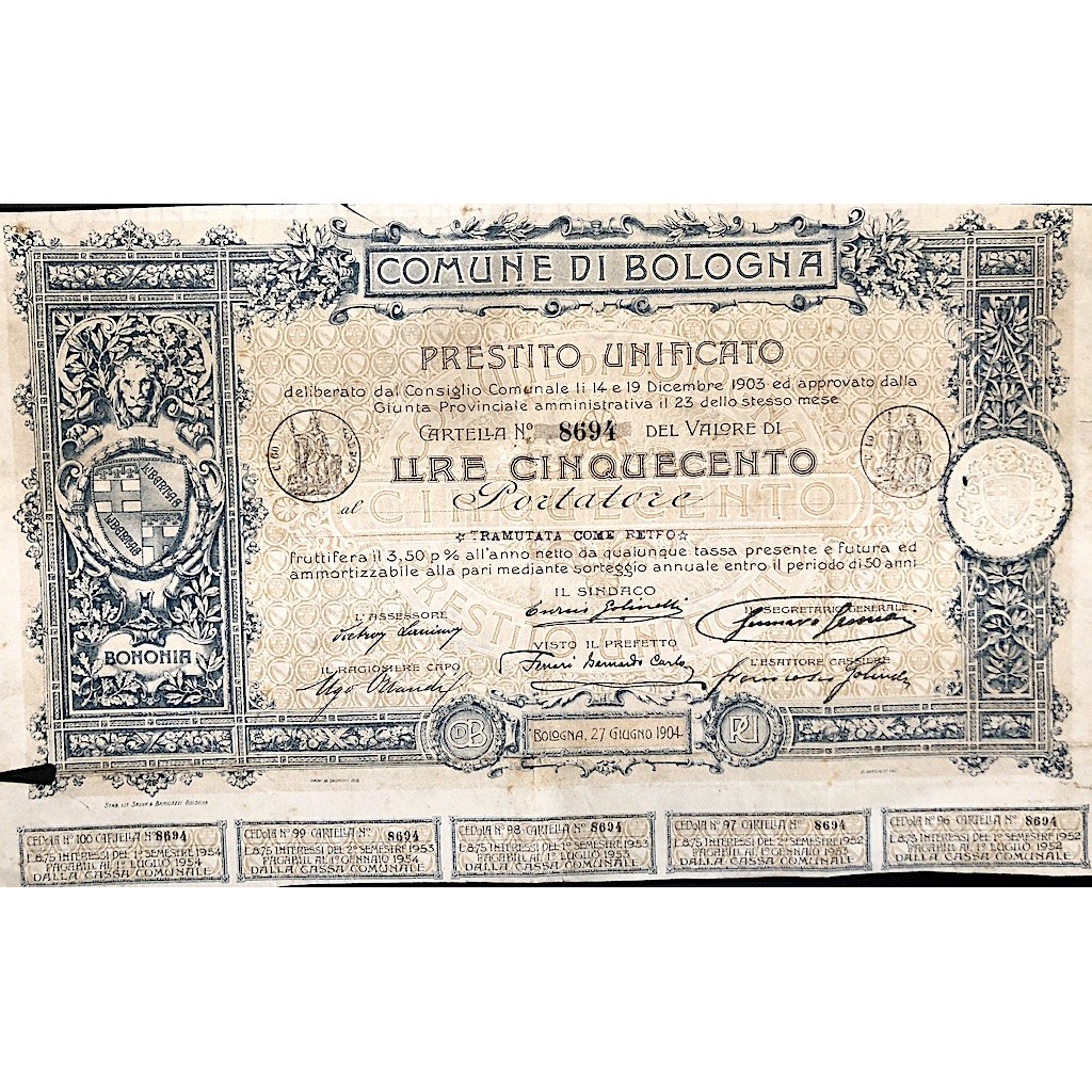 COMUNE DI BOLOGNA PRESTITO UNIFICATO 3,50% - BOLOGNA - 1904